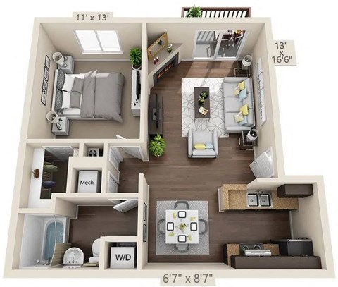 Floor plan for 1 bed, 1 bath, 668 sqft